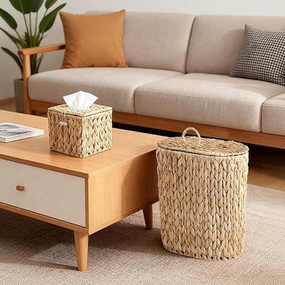 BSSN Water Hyacinth Wicker Trash Can with Lid and Tissue Box Cover Set, 3 Gallon Rattan Bathroom Wastebasket, Boho Bathroom Accessories for Bedroom, Toilet, Office, Natural