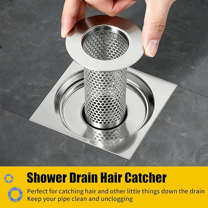 304 Stainless Steel Shower Drain Hair Catcher, Bathtub & Bathroom Sink Drain Strainer, Deep Basket Cover, XL Water Flow Anti-Clog for Pet Hair, Universal Tub Drain Filter Stopper