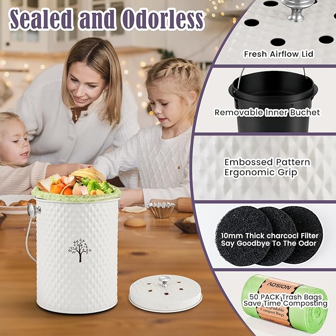 AOSION Countertop Compost Bin Kitchen,Odorless Indoor Compost Bin with Lid and 50 Compost Bags,Compost Bucket Composter Container for Food Waste,Creamy White1.0 Gallon