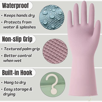 IMARU 3 Pairs Dishwashing Gloves with Hanging Hooks - Reusable Rubber Cleaning Gloves for Household & Kitchen & Gardening, Non-Slip & Waterproof & Durable (Small)