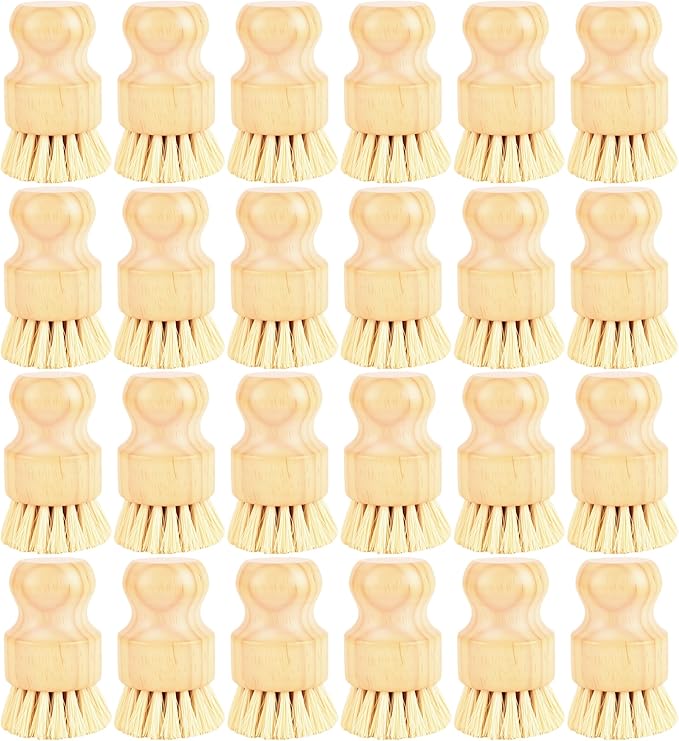 24 Pack Bamboo Dish Scrub Brushes Set Kitchen Brushes Scrubber Pot Pans Cleaning Sisal Bristles Wooden Brushes for Iron Pot Dishwashing Sink Vegetables