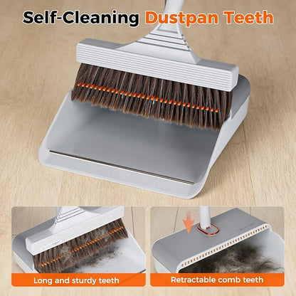 Broom and Dustpan Set with Adjustable Handle, Upright Design, Built-in Comb Teeth, Mint Green, for Home Office Hardwood Floors Pet Hair (Silver/Gray)