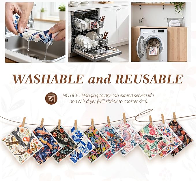 SEIBER Swedish Dishcloths for Kitchen - 10 Pack Washable & Reusable Dish Rags,Super Absorbent Reusable Towels Washable, Non-Scratch Cellulose Sponge Cloths,Quick Drying, Dishwasher Safe (Bird Flower)