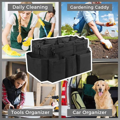 SCAVATA Wearable Cleaning Caddy Organizer with Handle & Shoulder Straps for Housekeepers, Under Sink & Car Cleaning Tool Organizer Bag with 4 Foldable Dividers (Black)