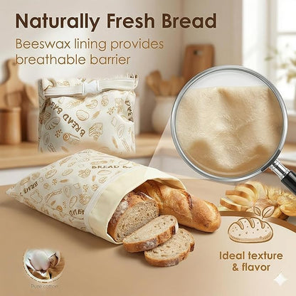 2-Pack JIDSPWLS Reusable Beeswax Bread Bags – Breathable for Homemade & Sourdough Loaves, Extends Freshness, Freezer & Fridge Compatible
