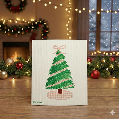 Christmas Holiday Swedish Dishcloth, Reusable Paper Towel, Super Absorbent Cellulose Sponge, Washable Kitchen Cleaning Cloth (Gingham Holiday Tree - 1 Pack)