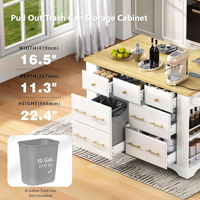 51.2" Kitchen Island with 6 Drawers, Pull Out Trash Can Storage, Rolling Kitchen Island on 5 Wheels with Drop Leaf, Power Outlet, 5 Open Side Racks for Kitchen, Dining Room, White