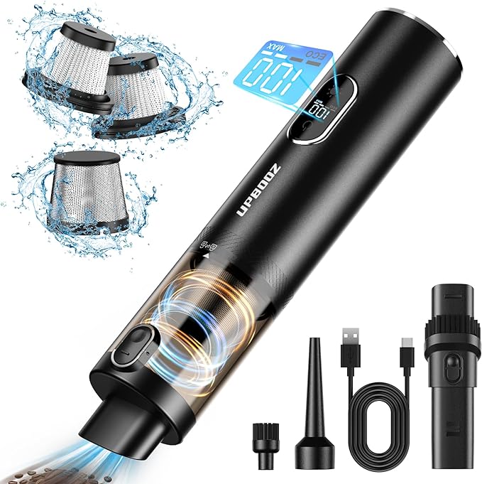 Upbooz Car Vacuum, Handheld Vacuum Cordless with 14000PA Powerful Suction with LED Light, Air Duster 2-in-1,Low Noise Rechargeable Portable Vacuum Cleaner for Car Home Pet Office