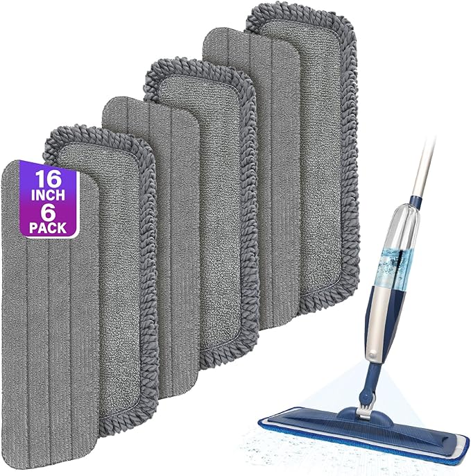 6 Count Reusable Mop Pads for Swiffer PowerMop -Microfiber Wet Mops Refills SprayMop Pads Machine Washable Hard Wood Floor Mop Pads Replacement for 14''-16'' Spray Floor Mops（Gray）