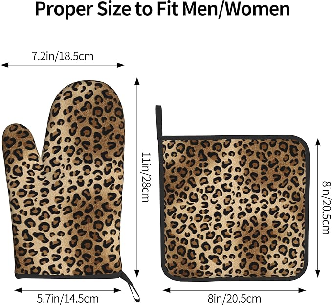 Leopard Print Oven Mitts - Brown Oven Mitts and Pot Holders Sets of 2 Animal Print Kitchen Mitts Hot Pads for Baking Grilling