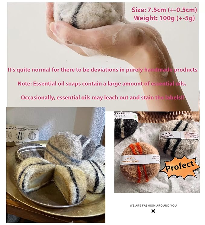Handmade Felted Soap with Tibetan Yak Milk & Wool - Natural Exfoliating Bar for Face & Body, 6 Scents, Includes Bamboo Dish & Travel Pouch (Jasmine)
