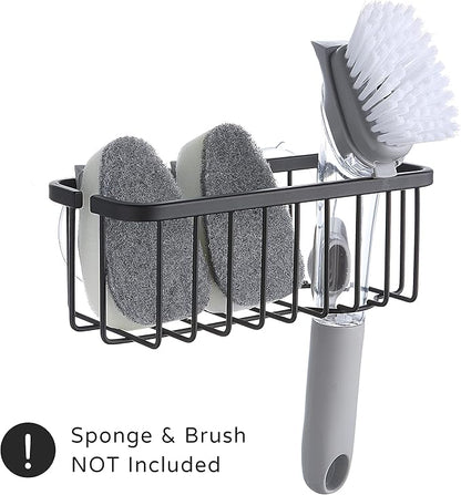 SunnyPoint NeverRust Deluxe Kitchen & Bathroom Sink Sponge Holder Organizer with Adhesive Mount - Additional Suction Cup Included – Sponge & Brush NOT Included – 7.4 x 3.3 x 2.75 Inch (Mat Black)