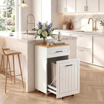 ZIFTY 13 Gallon Pull Out Trash Can Cabinet, Pet Proof Freestanding Kitchen Trash Bin Cabinet with Hideaway Drawer, Wooden Garbage Recycling & Laundry Hamper for Kitchen, Laundry, Living Room, White