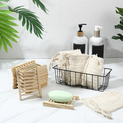 60 Pcs Soap Exfoliating Bag Holder Set, Including 30 Mesh Bath Soap Saver Container and 30 Bamboo Wood Soaps Holder Tray, Natural Barsoap Pouch, Self Draining Soaps Saver Dish