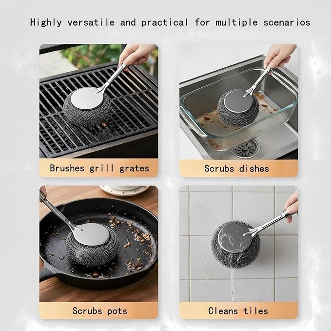Ergonomic Handle Stainless Steel Scrubber with 4 Replacement Balls, Wire Brush for Kitchen Pots, Grills, Pans and Cutlery