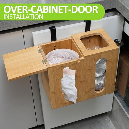 Trash Bag Dispenser & Grocery Bag Organizer, 2 in 1 Bamboo Garbage Bags Storage Box for Cabinet Door or Wall Mount