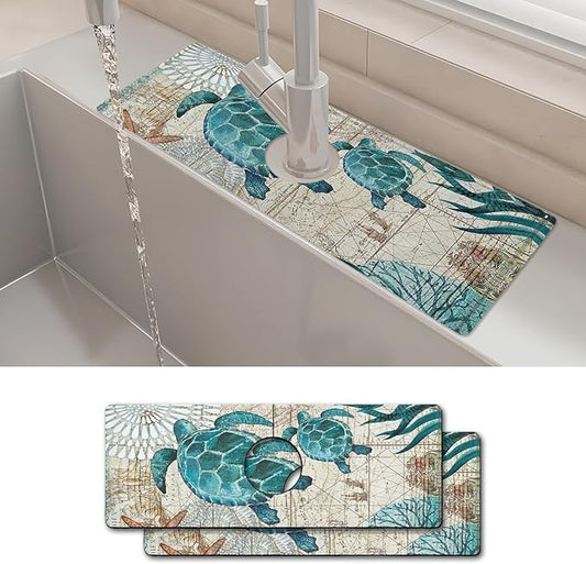 2PCS 15" X 5.5" Kitchen Sink Splash Guard Faucet Mat Sea Turtles Super Absorbent Fast Drying Faucet Guard & Draining Mat Sink Splash Guard Behind Faucet for Kitchen, Bathroom