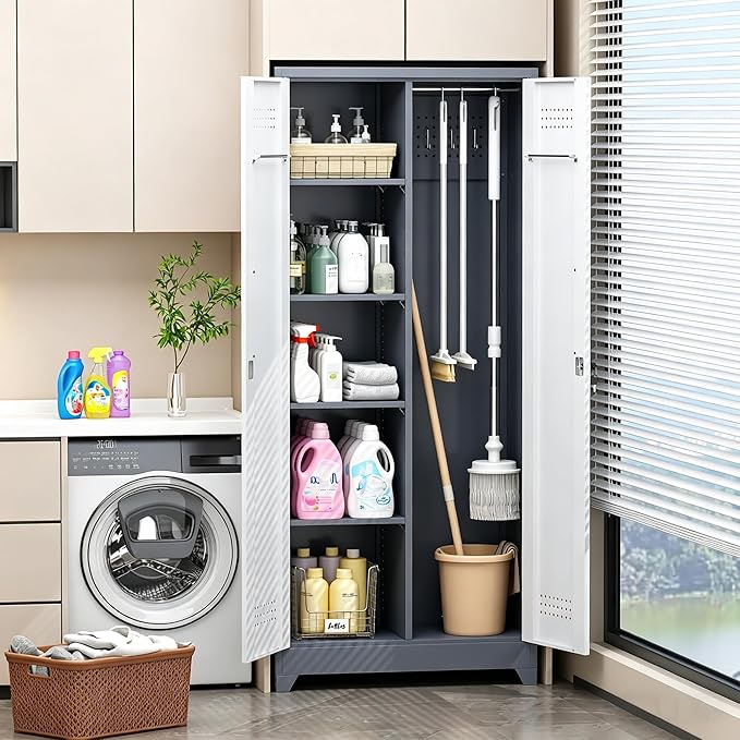 Metal Storage Cabinet 72" Tall, Garage Storage Cabinet with Lockable Doors & Shelves, Utility Broom Closet, Steel Tool Cabinet for Garage, Laundry Room, Home Office, Grey/White
