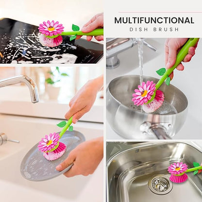 Vigar Flower Power Dish Brush with Handle and Vase Dish Brush Holder, Kitchen Scrub Brush for Pot Scrubber, Dishes, and Sink Cleaning, Pink, Green