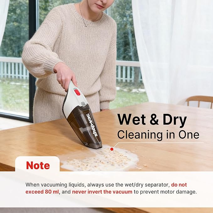Shop-Vac Wet/Dry Handheld Vacuum, Powerful Small Vacuum Cordless Rechargeable, Wall-Mounted Hand Vac with Crevice Tool, Portable Vacuum for Home & Car, Lightweight & Compact, White