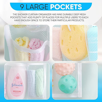 Handy Laundry Shower Curtain Bathroom Organizer -9 Pockets- Perfect for Organizing Home Bath, Your Toiletries and kid's Toys in Nine Durable Deep Mesh Pockets. Hang on Existing Shower Curtain Rings.