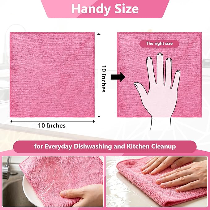 Kitchen Dish Cloths, 12 Pack, 10 x 10 Inches, Soft Absorbent Dish Towels, Lint Free Reusable Dish Rags for Dishwashing, Drying and Daily Cleanup, Hot Pink