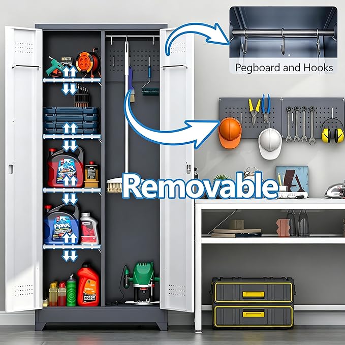 Metal Storage Cabinet 72" Tall, Garage Storage Cabinet with Lockable Doors & Shelves, Utility Broom Closet, Steel Tool Cabinet for Garage, Laundry Room, Home Office, Grey/White