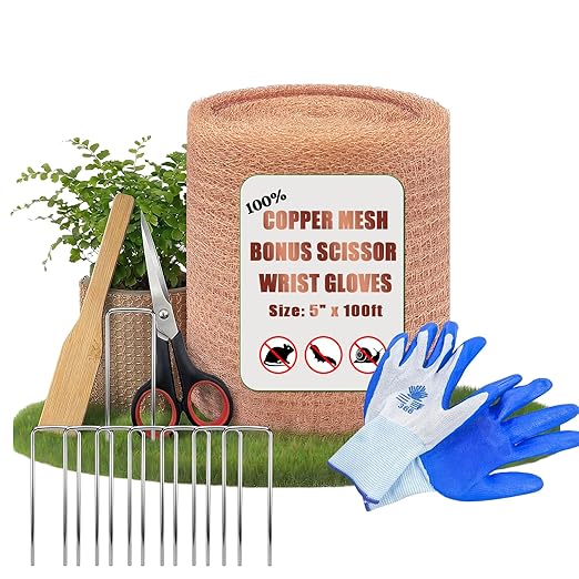 Copper Mesh Rodent Control, 5" x 100 ft Rustproof Copper Mesh Roll 100% Premium Copper Wool for Sealing Holes, Blocks Slugs, Snails, Mice & Pests – with Scissors, Gloves Shovel & 8PCS Lawn Staples