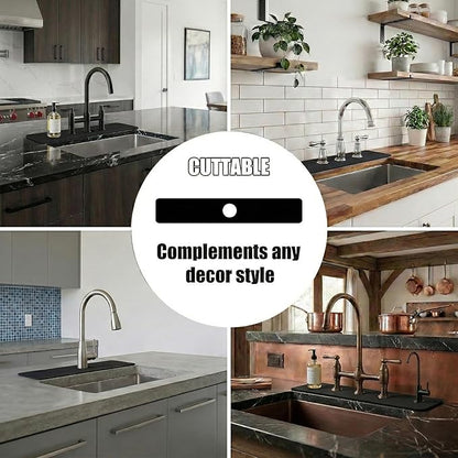 Customizable Kitchen Sink Faucet Mat: 24"Lx4"W Black Bathroom Counter Protector Drip Catcher - Splash Guard with Pre-Cut Center Hole, DIY to Fit Irregular Sink with 2, 3 Holes & Soap Dispenser