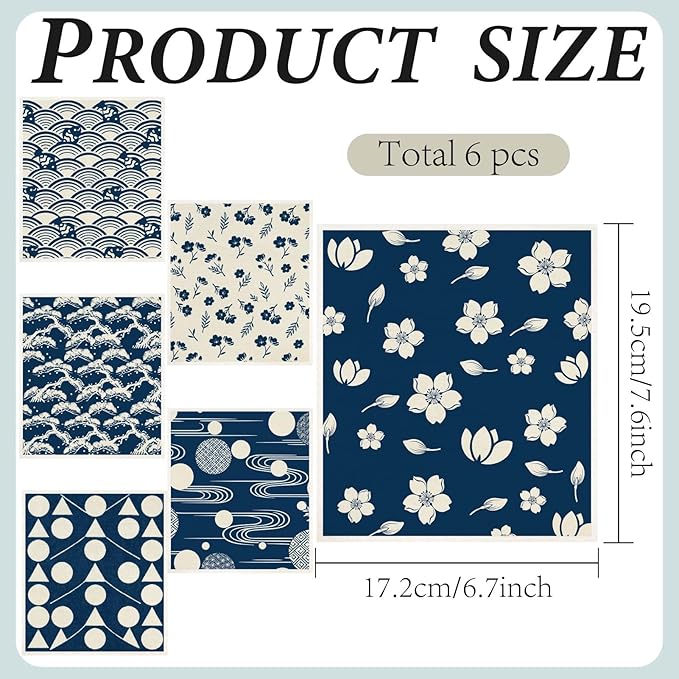 6PCS 6 Styles Blue Swedish Dish Cloths Bulk Flowers Japanese Pattern Reusable Kitchen Sponge Cleaning Cloths Quick Drying Absorbent Decorative Towels for Dishes Home Countertop Bathroom Use
