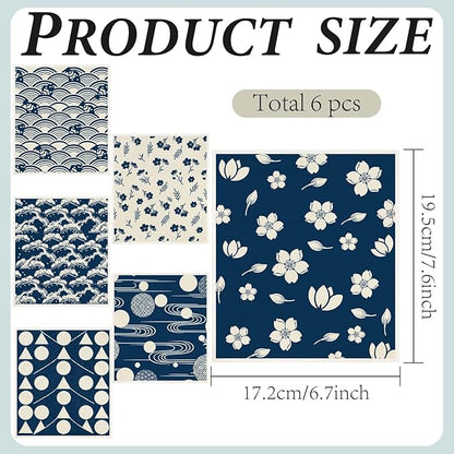 6PCS 6 Styles Blue Swedish Dish Cloths Bulk Flowers Japanese Pattern Reusable Kitchen Sponge Cleaning Cloths Quick Drying Absorbent Decorative Towels for Dishes Home Countertop Bathroom Use
