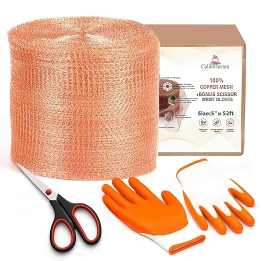 Copper Mesh Rodent Control, 5in x 52ft- Rustproof Copper Mesh Roll for Rodent, Bat & Snail - Perfect for Hole Blocking, Gardening & Sealing Water Opening - Plus Bonus Scissor & Gloves