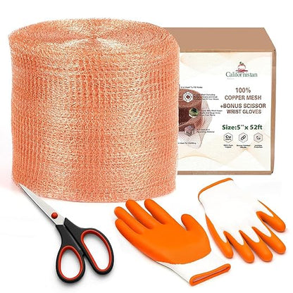 Copper Mesh Rodent Control, 5in x 52ft- Rustproof Copper Mesh Roll for Rodent, Bat & Snail - Perfect for Hole Blocking, Gardening & Sealing Water Opening - Plus Bonus Scissor & Gloves