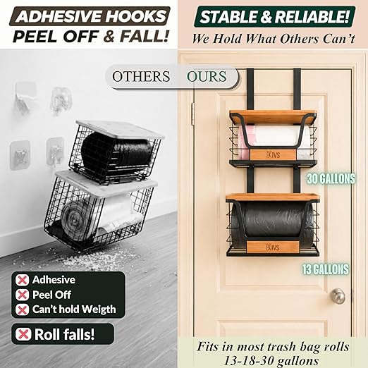 Over-the-Door Trash Bag Holder, Organizer and Dispenser, Stackable 2-Baskets with Heavy-Duty Hooks, 22 lbs Capacity, Carbon Steel, Bonus Adhesive Mounts, Multiuse Kitchen and Home Organizer