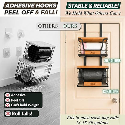 Over-the-Door Trash Bag Holder, Organizer and Dispenser, Stackable 2-Baskets with Heavy-Duty Hooks, 22 lbs Capacity, Carbon Steel, Bonus Adhesive Mounts, Multiuse Kitchen and Home Organizer