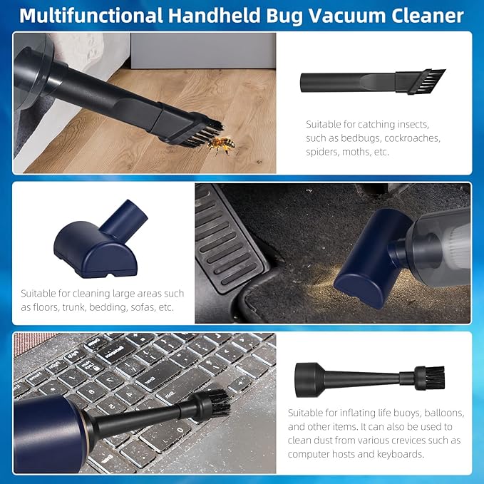 5 in 1 Handheld Vacuum and Blower Cordless Rechargeable Bug Vacuum Catcher for Insect Stink Bug Spider, Portable Vacuum Cleaner Strong Suction Bug Sucker for Car Kitchen Pet Hair, Dry & Wet Use, Blue