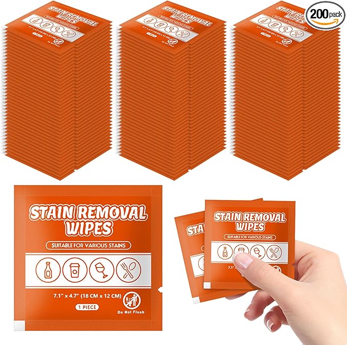 Stain Remover Wet Wipes Bulk, Individual Wrapped Clothes Portable Travel Messy Eater Cleaning Laundry Stain Removal Wipes Pocket Size for Clothing Fabric/Shoes/Wine/Fast Food 7.1 x 4.7 Inch(Orange200)