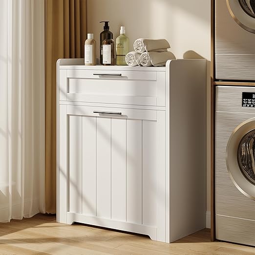 Jocoevol Pull Out Trash Can Cabinet, 2x13 Gallon Hidden Garbage Recycling Bin with Drawer, Freestanding Wooden Kitchen Trash can & Laundry Hamper Cabinet, Pet Proof Waste Bin for Living Room, White