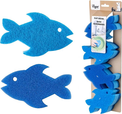 Vigar Pets Scrubber Sponge Set for Pet Bowls - Set of 4 Fish-Shaped Non-Scratch Dish Sponge for Dog & Cat Feeding Bowls, Double-Sided Reusable Scrub Sponges for Cleaning Dishes & Pet Plates - Blue