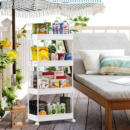 SPACEKEEPER Storage Cart, 4-Tier Mobile Shelving Unit, Bathroom Rolling Cart Utility Storage Organizer Shelf for Kitchen Living Room Bathroom Laundry Room & Dressers, White