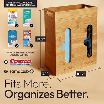 Under Sink Organizer for Kitchen Cabinet - Bamboo Trash Bag Dispenser & Bag Holder – Pantry Organizer & Garbage Roll Holder for Cleaning Supplies, Apartment Essentials & Home Organization