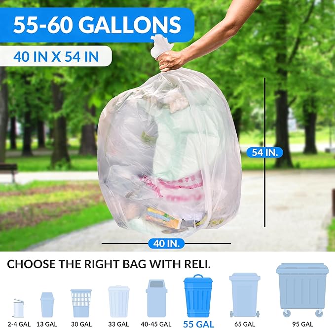 Reli. Easy Grab Trash Bags, 55-60 Gallon (150 Count) (Clear) - Star Seal Super High Density Rolls - Heavy Duty Can Liners, Garbage Bags, Bulk Bags - 50, 55, 60 Gallon Capacity (Pack of 2)