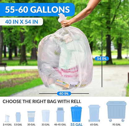 Reli. Easy Grab Trash Bags, 55-60 Gallon (150 Count) (Clear) - Star Seal Super High Density Rolls - Heavy Duty Can Liners, Garbage Bags, Bulk Bags - 50, 55, 60 Gallon Capacity (Pack of 2)