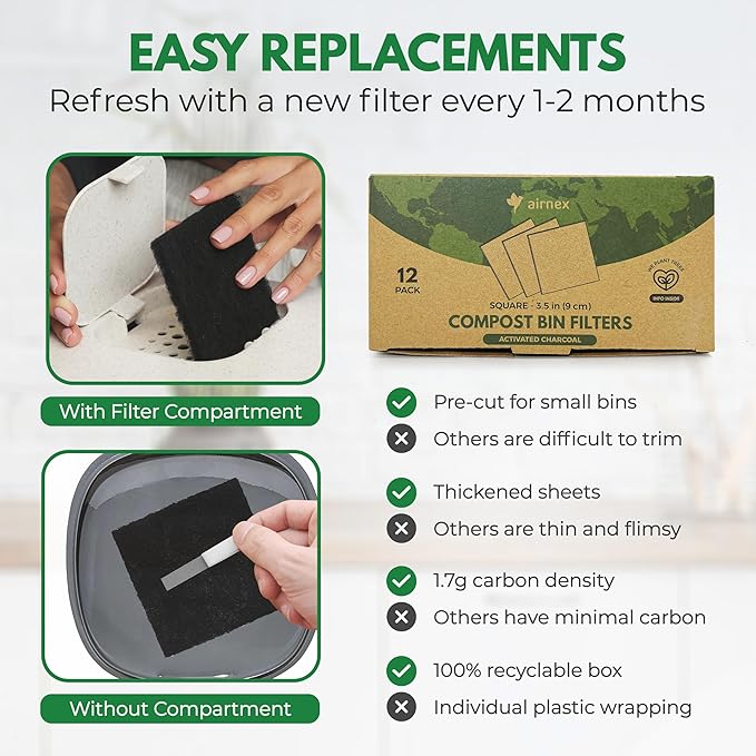 AIRNEX Charcoal Filters for Compost Bucket 3.5 in Square - Pack of 12 Odor Blocking Compost Filters for Countertop Bin, Trash Cans & Litter Boxes - Universal Replacement Compost Bin Filter Charcoal