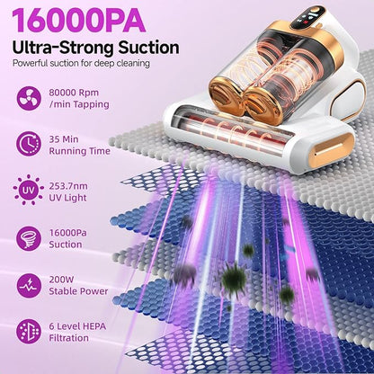 Mattress Vacuum Cleaner - 16Kpa Bed Vacuum with 253.7nm UV-C Light, 140°F Heat, Ultrasonic Tech & Hepa Filter, Portable Handheld Couch Cleaners for Pet Carpet Sofa Hair Home (White/G-Cordless)