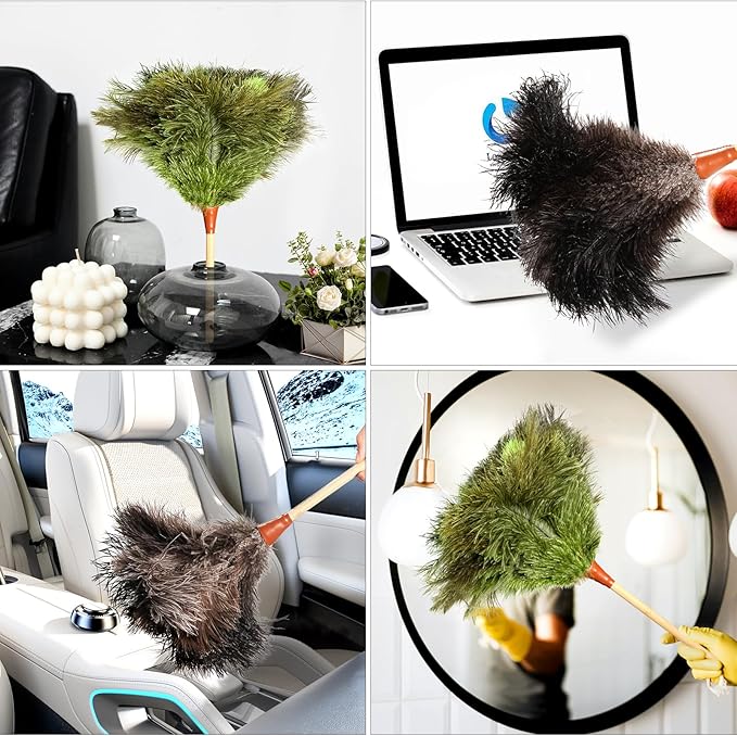 16inch Natural Good Ostrich Feather Duster with Bamboo Handle, Electrostatic Dust Remove for Ceiling，Fans，Bookshelves, Sofa, Windows, Fit for Home, Office and Cars