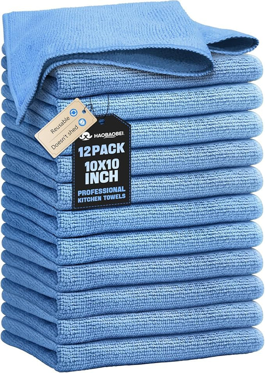Kitchen Dish Cloths, 12 Pack, 10 x 10 Inches, Super Absorbent Microfiber Dish Towels, Soft Fast Drying Reusable Dish Rags for Washing Dishes, Countertops and Sink, Light Blue