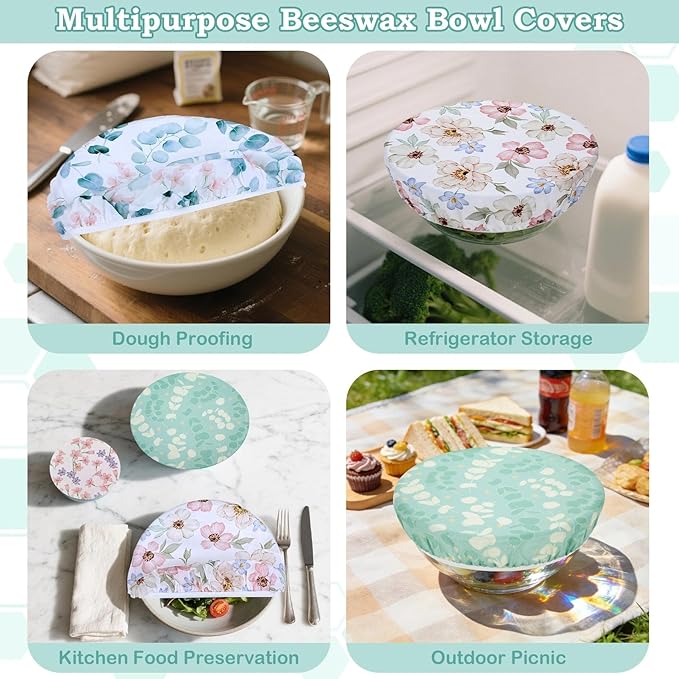 5-Size Reusable Beeswax Elastic Bowl Covers for Bread Proofing, Cotton Cloth Flexible Beeswax Wraps for Sourdough Cover and Food Storage Shower Caps for Sourdough Bread