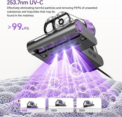 Mattress Vacuum Cleaner 18Kpa Bed Vacuum Cleaner with Smart Dust Sensor,253.7nm UV-C Light,HEPA Filter,150°F Heat,500W Powerful Handheld,for Bed,Sofa,Couch,Crib Gift Ideas for Women