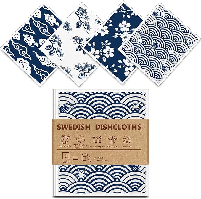 Swedish Dishcloths for Kitchen - 4 Pack Japanese Pattern Reusable Paper Towels, Non-Scratch Cellulose Cloths, No Odor, Biodegradable Cleaning Cloths